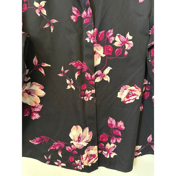 Chico’s Floral No-Iron Black Purple Sateen Button Up Shirt Cotton Size 1 = 8/10 - Picture 4 of 13